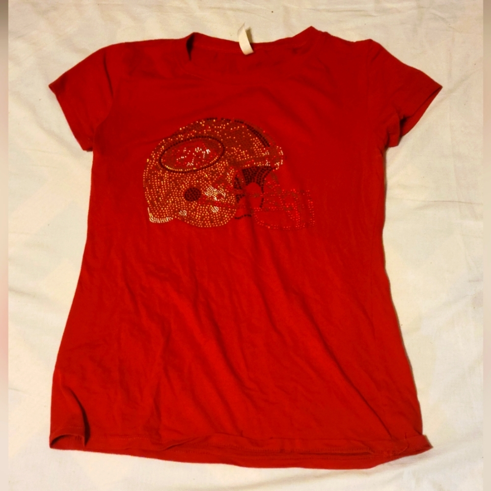 Reserved XL red fitted helmet beaded design top